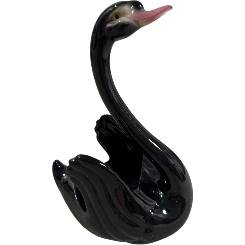 Maddox of California Black Swan Planter Vase‎ MCM Glossy Ceramic Pink Beak USA
